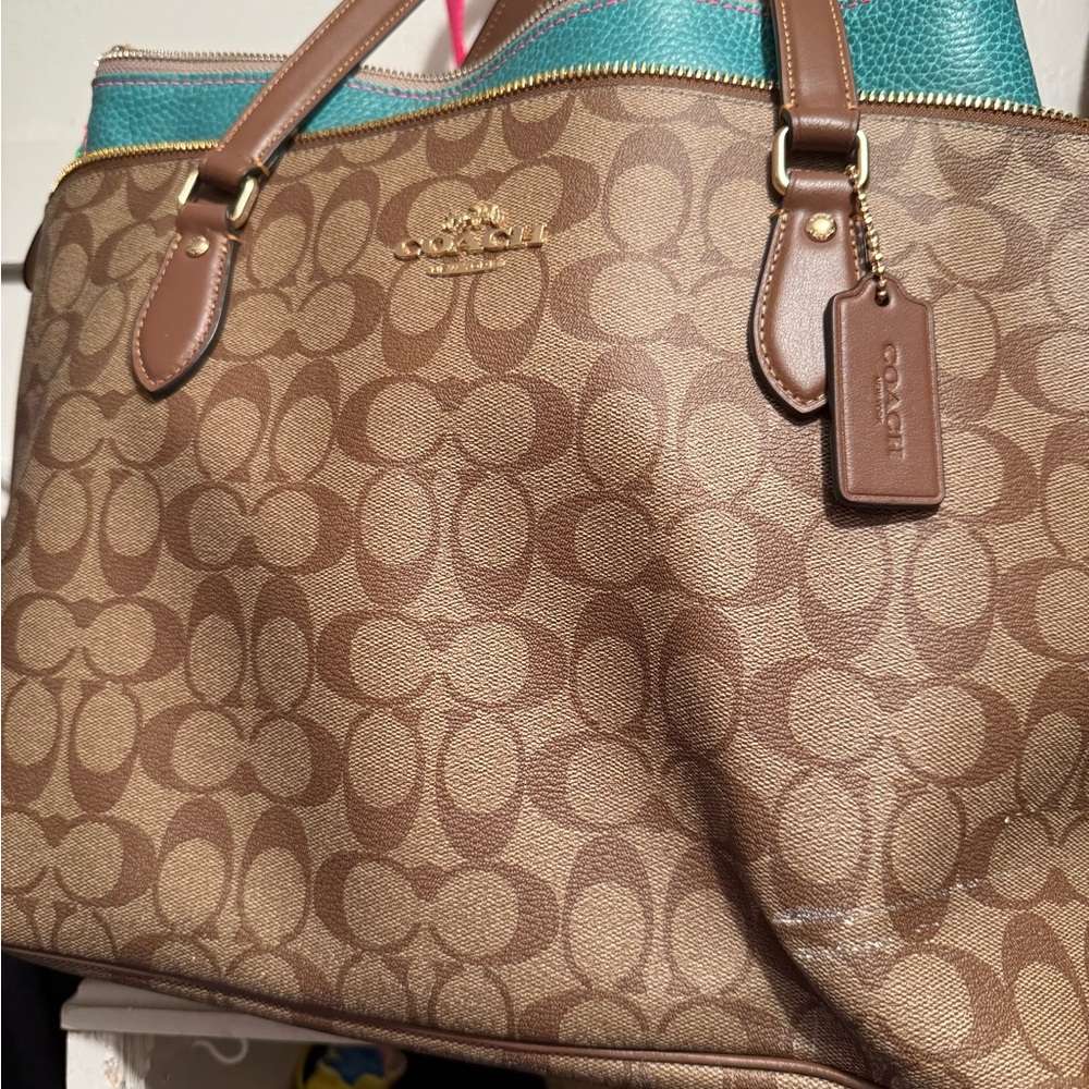 Coach Brown and Teal Signature Tote